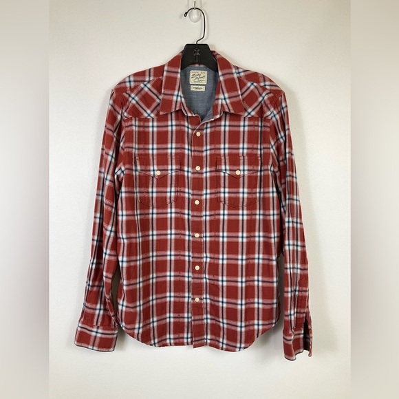 LUCKY BRAND Red Plaid Long Sleeve Button Front Shirt Chambray Lined, sz MD - Picture 2 of 8